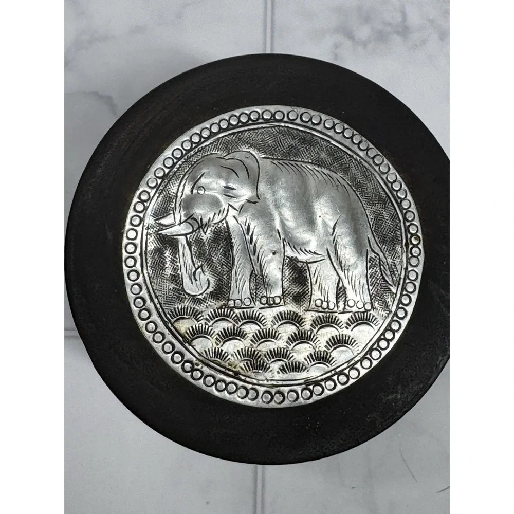 VTG Rich Dark Wooden Trinket Box With Tin Elephant Medallion On Lid 2.5